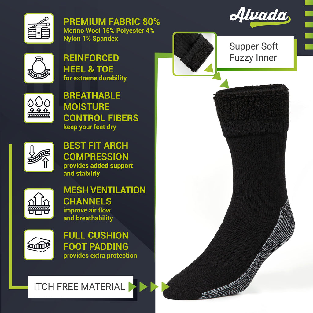 Alvada Merino Wool Hiking Socks Thermal Warm Crew Winter Boot Sock For Men & Women 3 Pairs