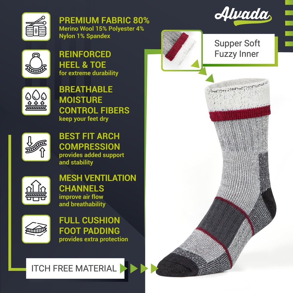 Alvada Merino Wool Hiking Socks Thermal Warm Crew Winter Boot Sock For Men & Women 3 Pairs