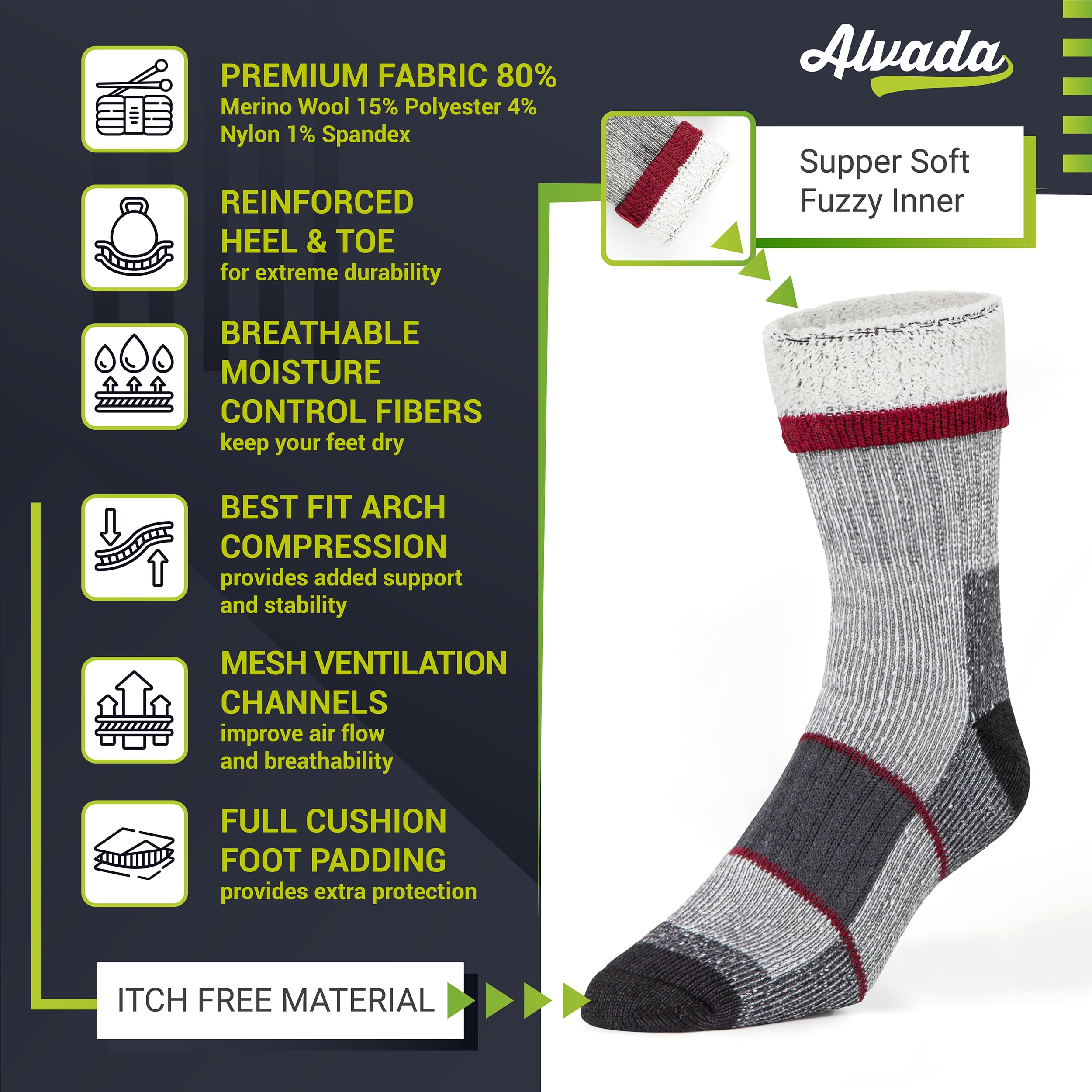 Alvada Merino Wool Hiking Socks Thermal Warm Crew Winter Boot Sock For Men & Women 3 Pairs