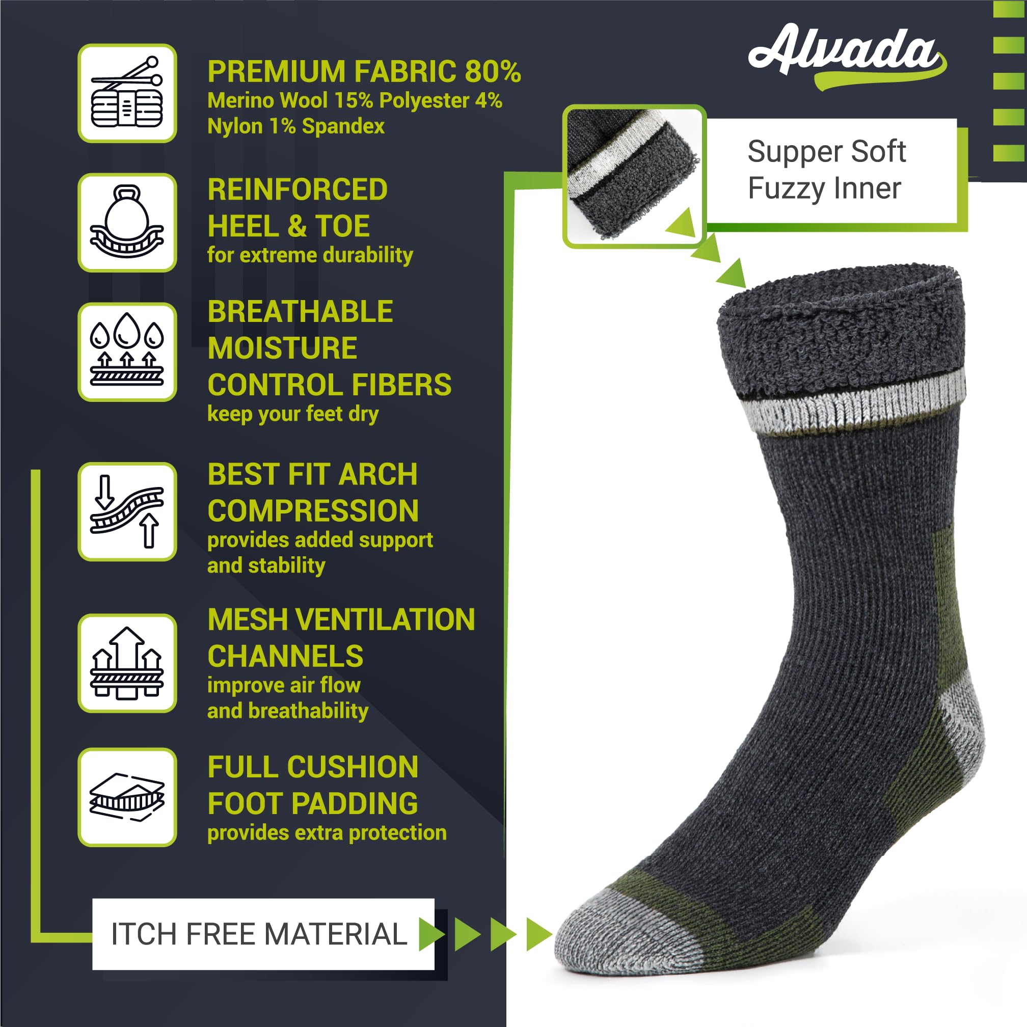 Alvada Merino Wool Hiking Socks Thermal Warm Crew Winter Boot Sock For Men & Women 3 Pairs