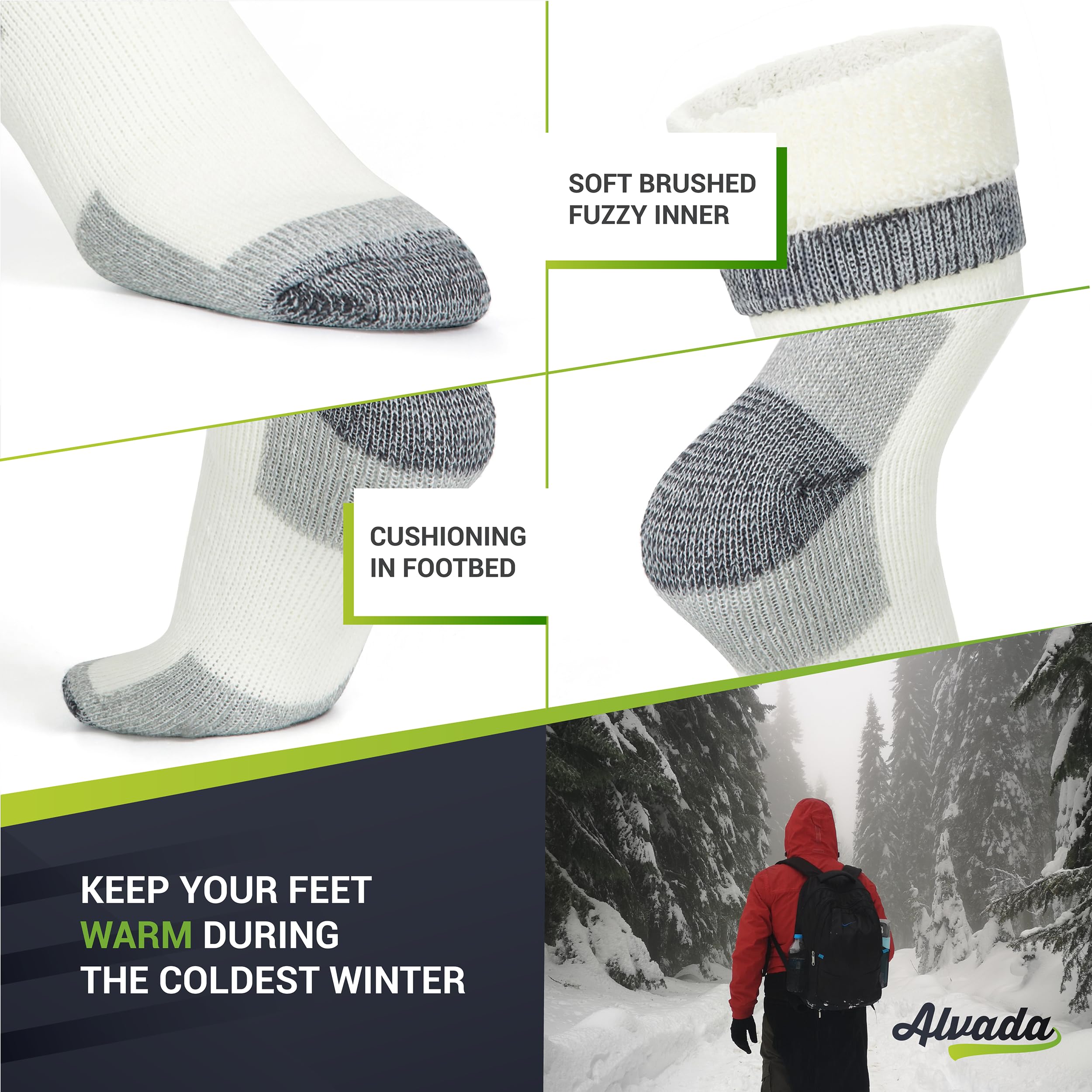 Alvada Merino Wool Hiking Socks Thermal Warm Crew Winter Boot Sock For Men & Women 3 Pairs