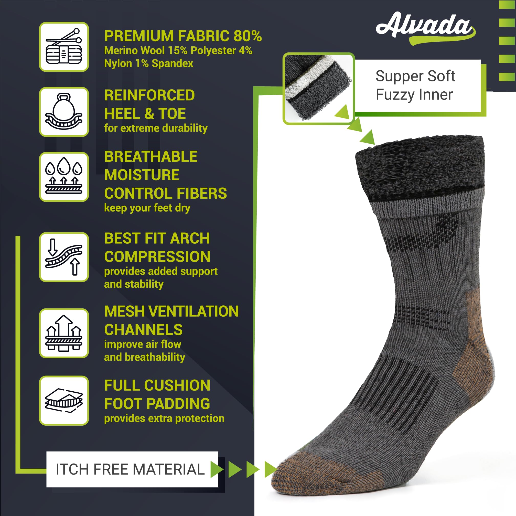 Alvada Merino Wool Hiking Socks Thermal Warm Crew Winter Boot Sock For Men & Women 3 Pairs