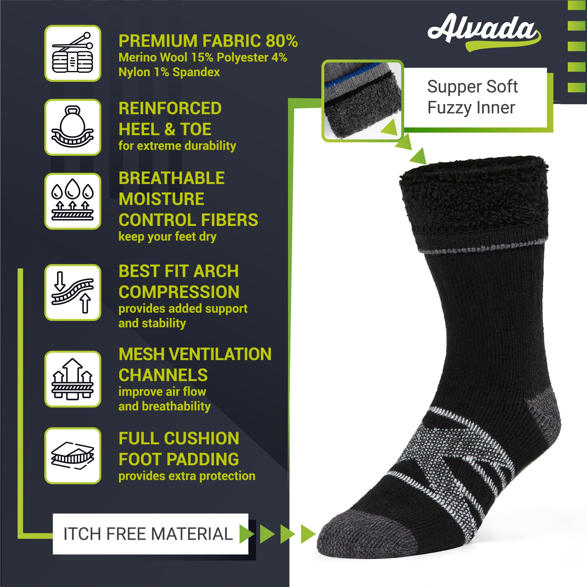 Alvada Merino Wool Hiking Socks Thermal Warm Crew Winter Boot Sock For Men & Women 3 Pairs