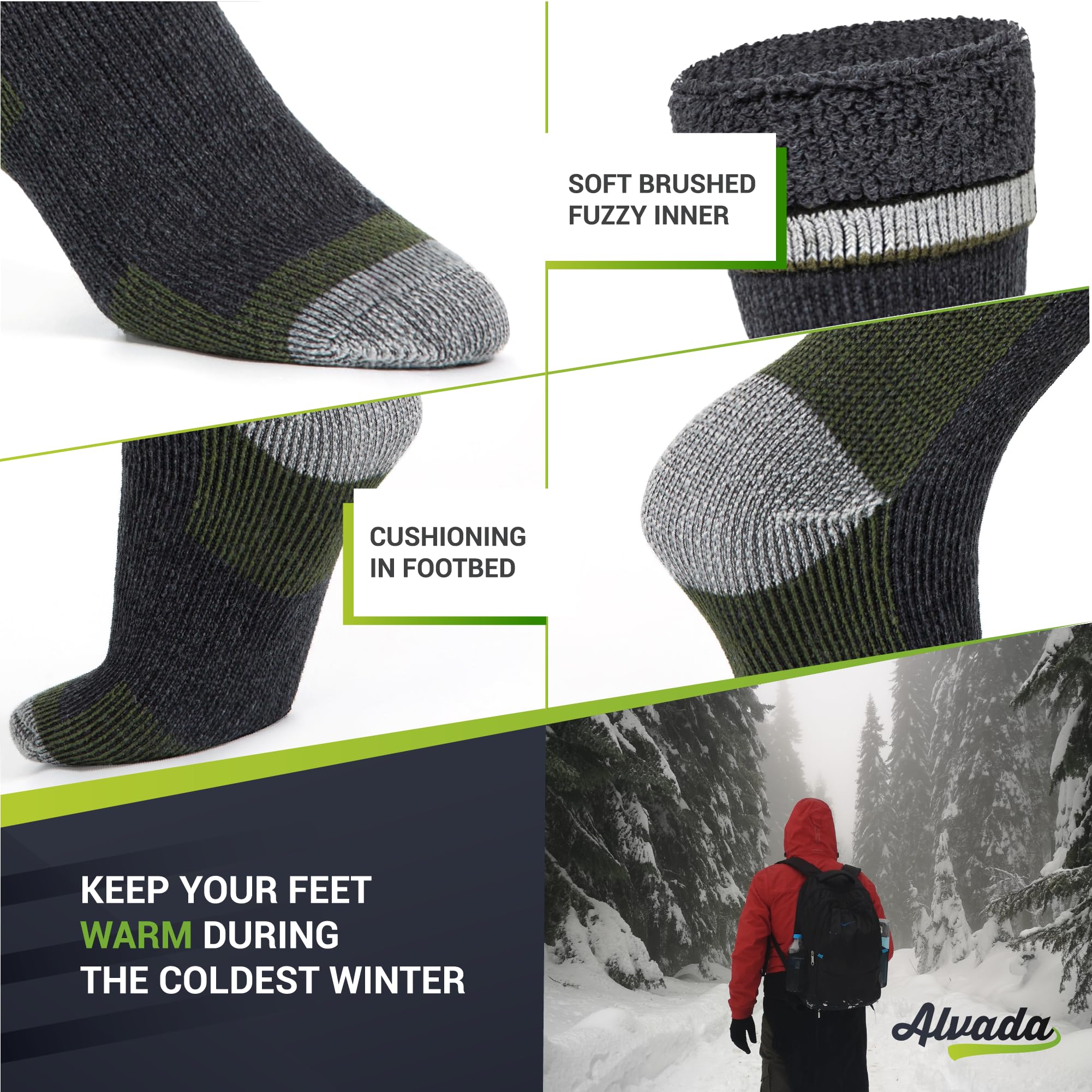 Alvada Merino Wool Hiking Socks Thermal Warm Crew Winter Boot Sock For Men & Women 3 Pairs