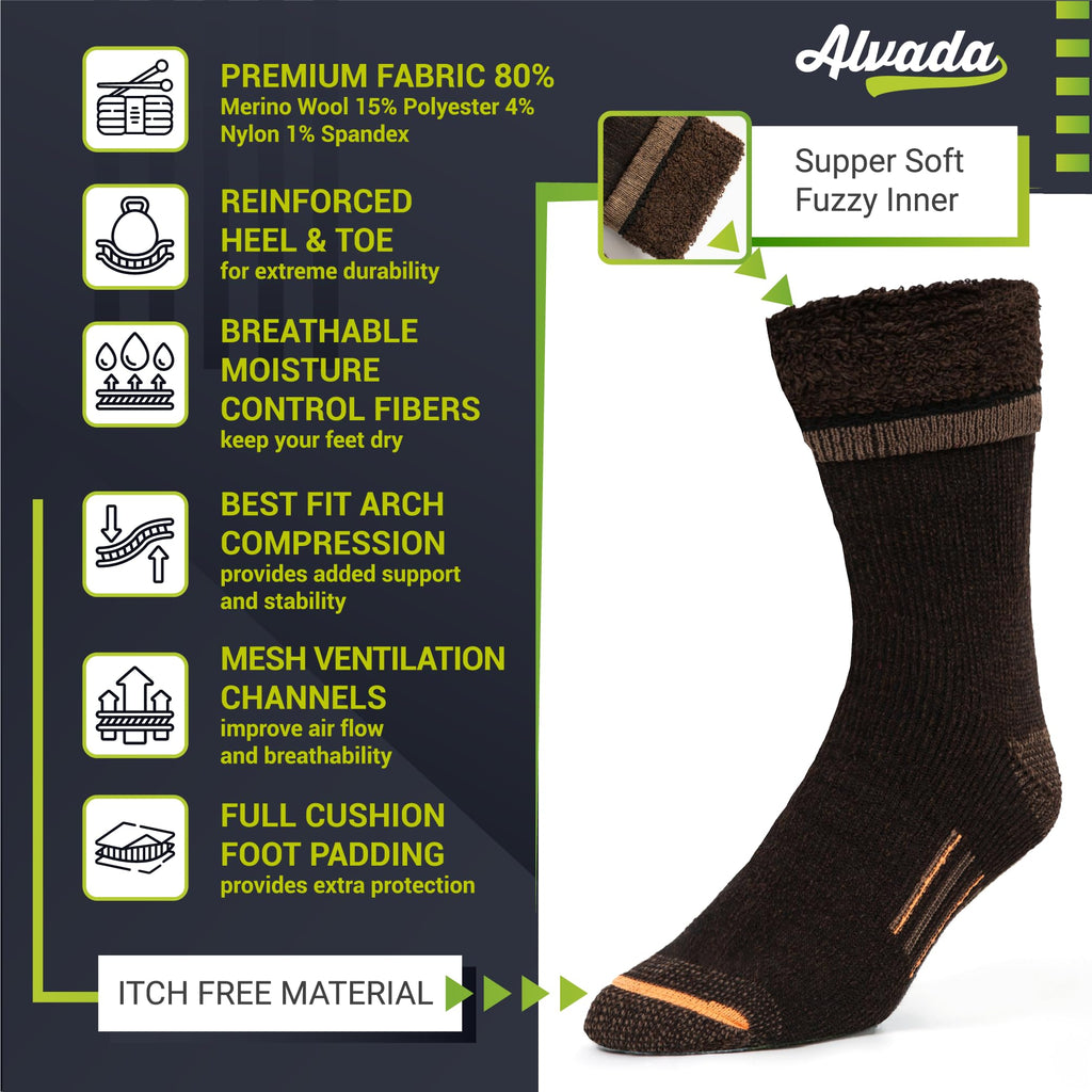 Alvada Merino Wool Hiking Socks Thermal Warm Crew Winter Boot Sock For Men & Women 3 Pairs