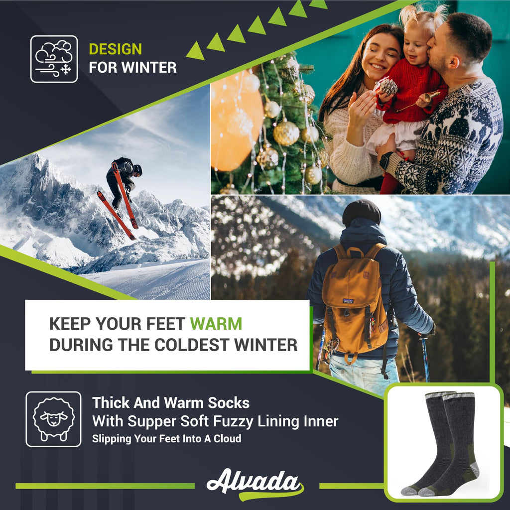 Alvada Merino Wool Hiking Socks Thermal Warm Crew Winter Boot Sock For Men & Women 3 Pairs