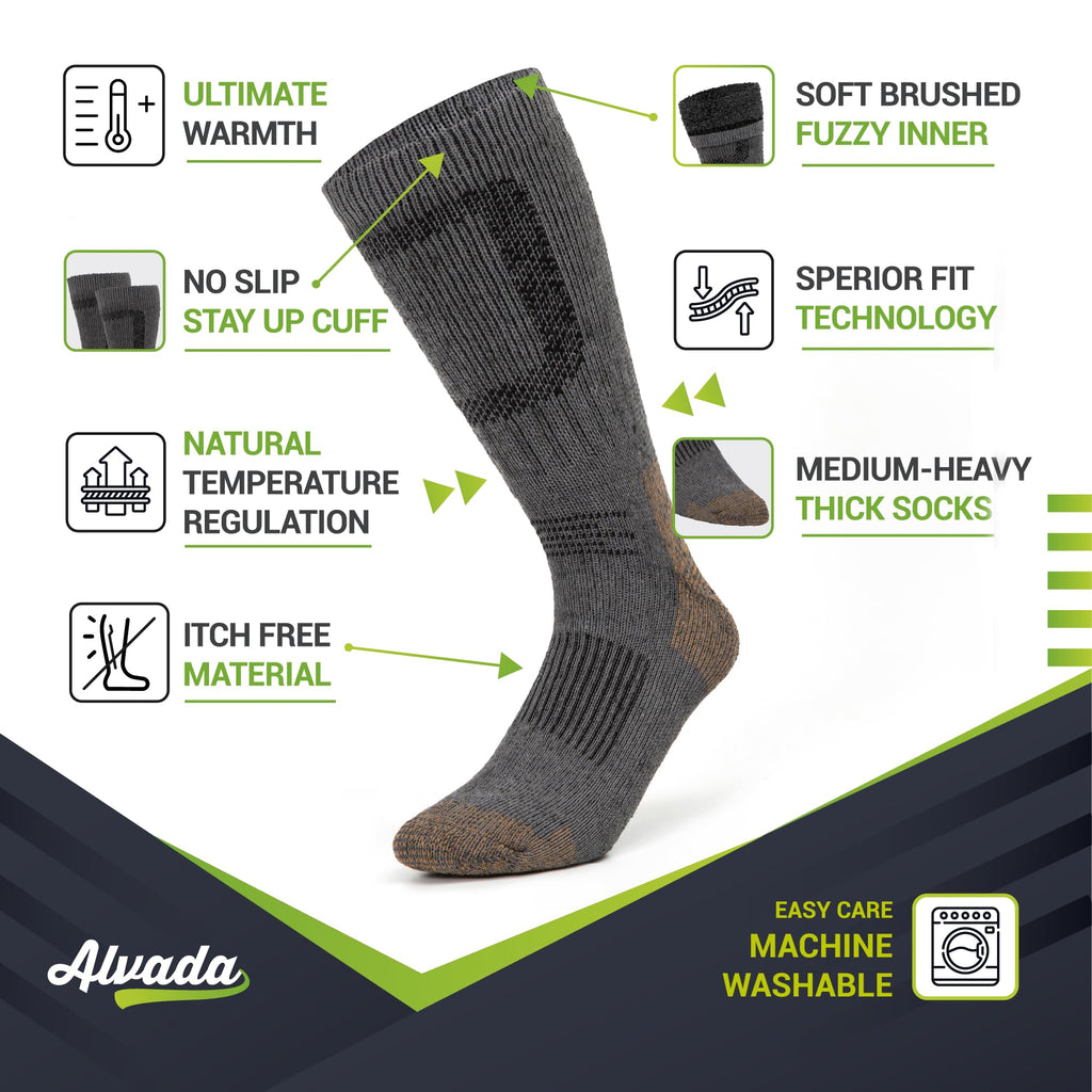 Alvada Merino Wool Hiking Socks Thermal Warm Crew Winter Boot Sock For Men & Women 3 Pairs