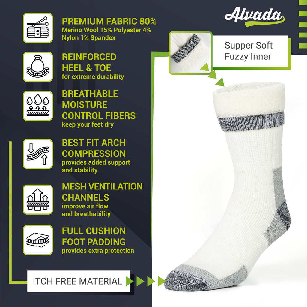 Alvada Merino Wool Hiking Socks Thermal Warm Crew Winter Boot Sock For Men & Women 3 Pairs