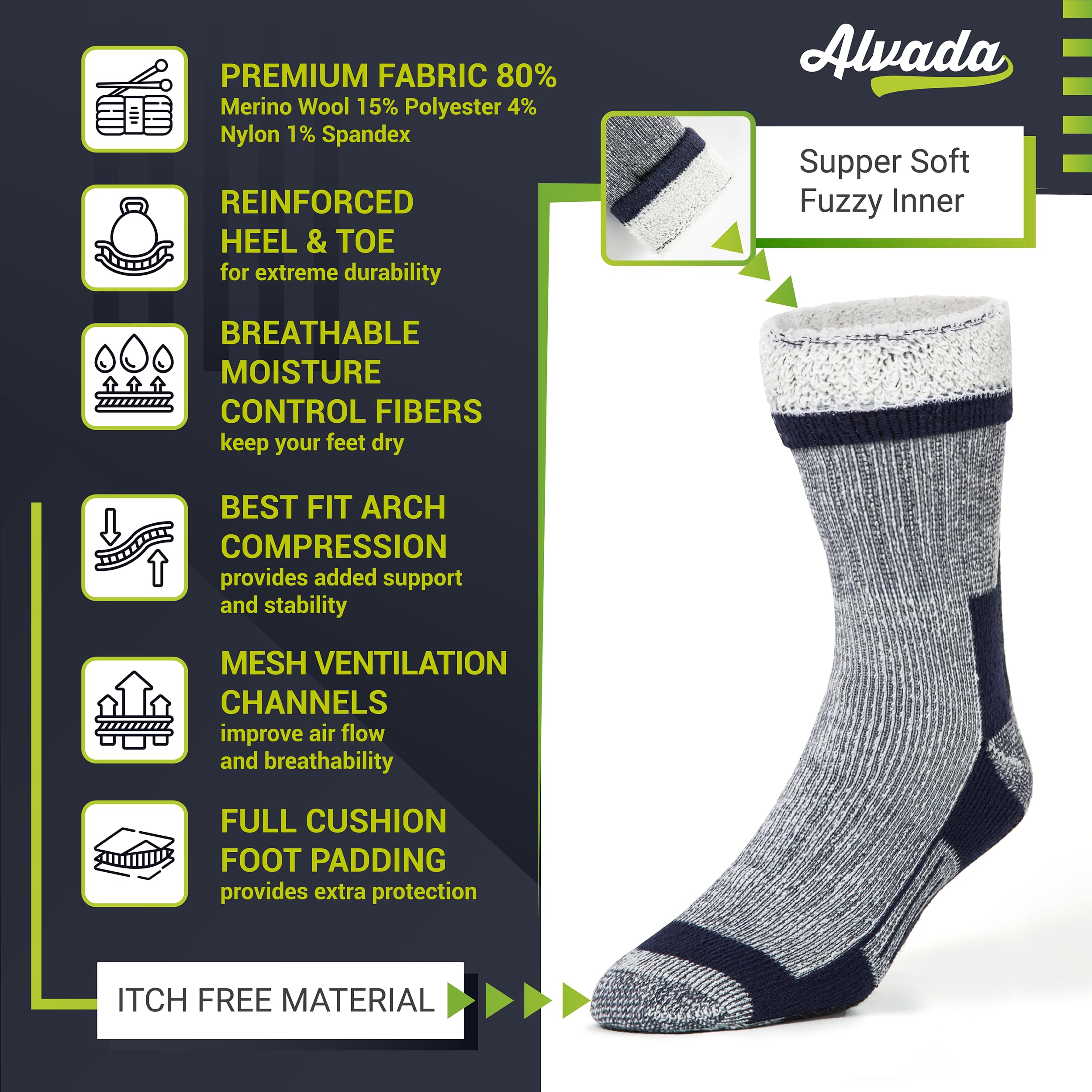 Alvada Merino Wool Hiking Socks Thermal Warm Crew Winter Boot Sock For Men & Women 3 Pairs