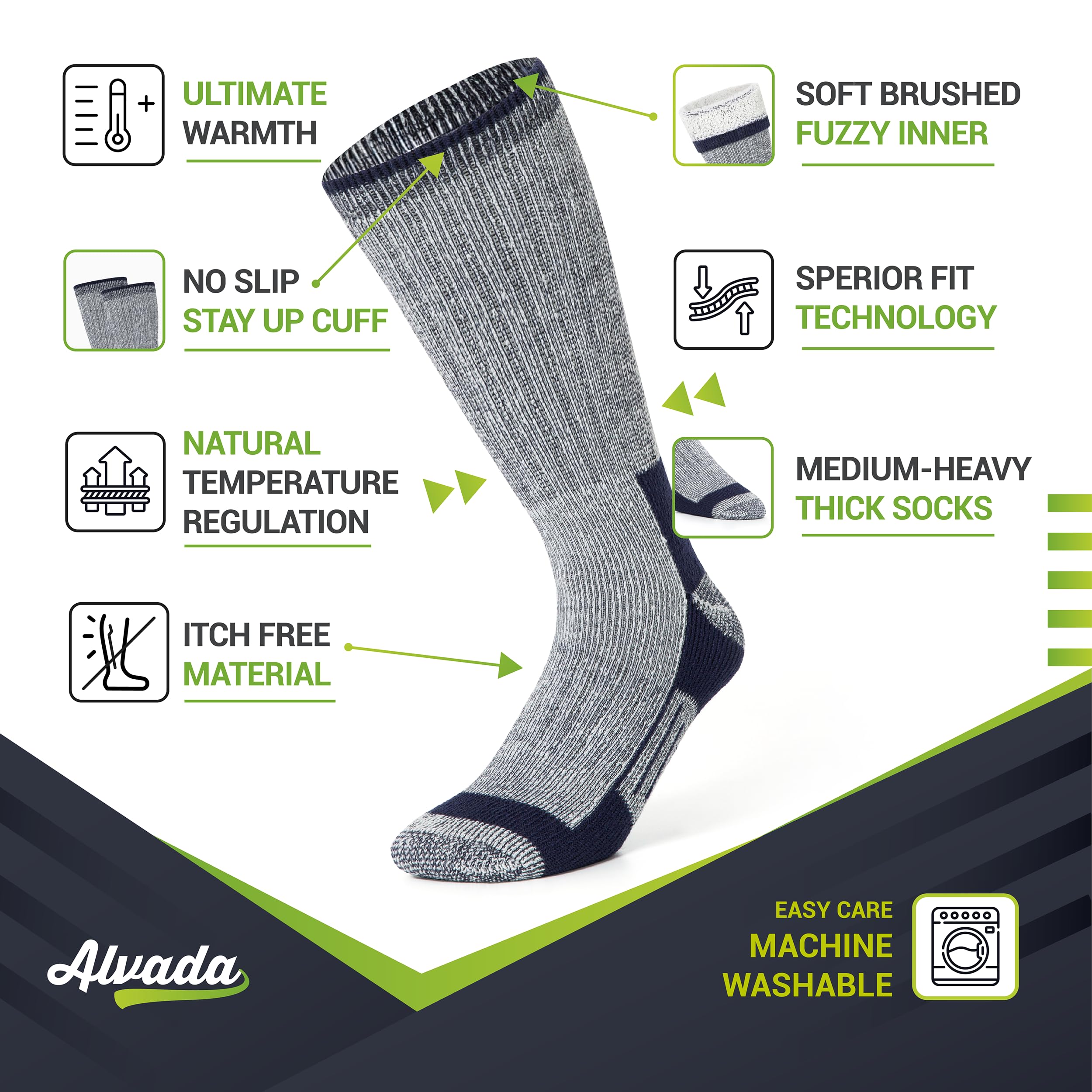Alvada Merino Wool Hiking Socks Thermal Warm Crew Winter Boot Sock For Men & Women 3 Pairs