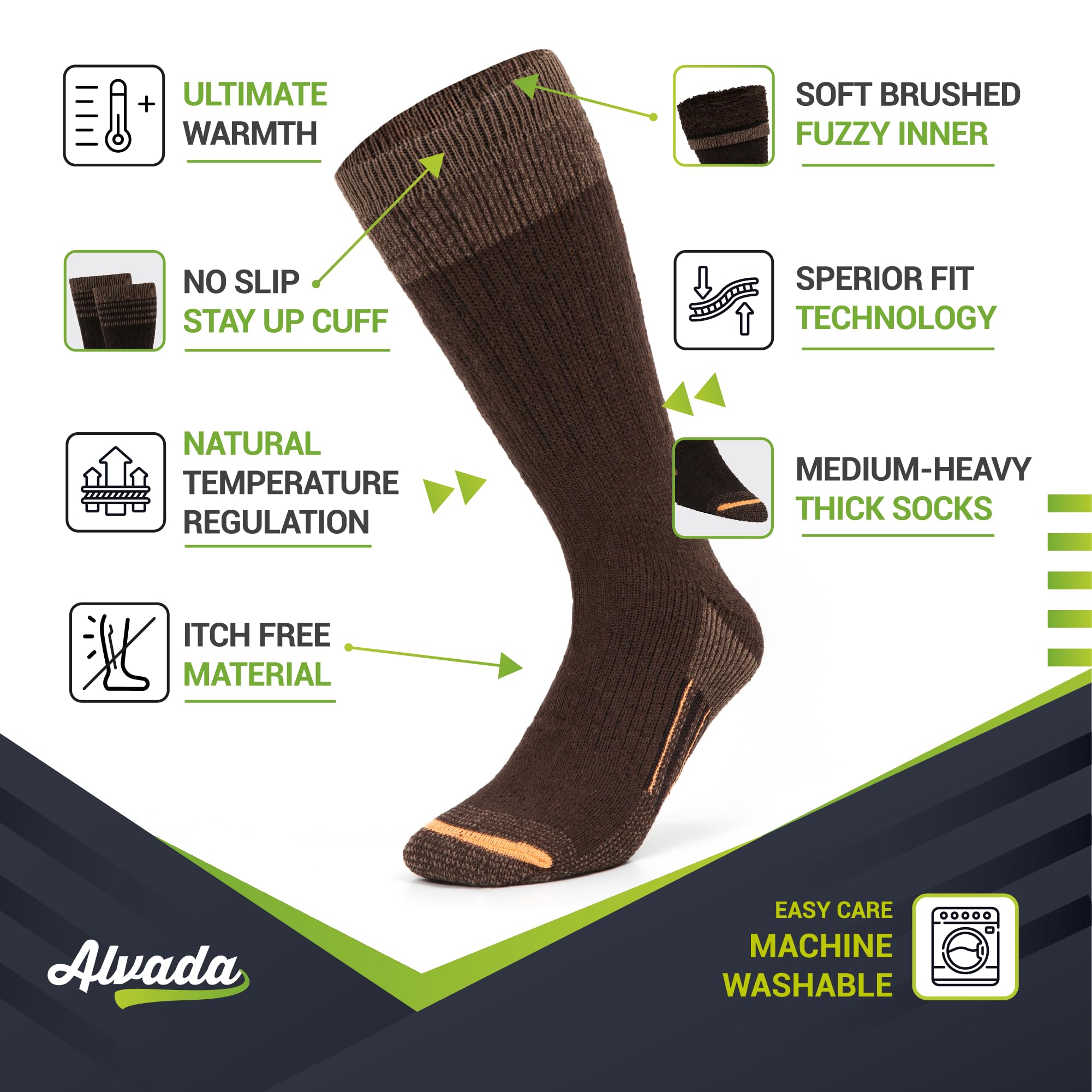 Alvada Merino Wool Hiking Socks Thermal Warm Crew Winter Boot Sock For Men & Women 3 Pairs