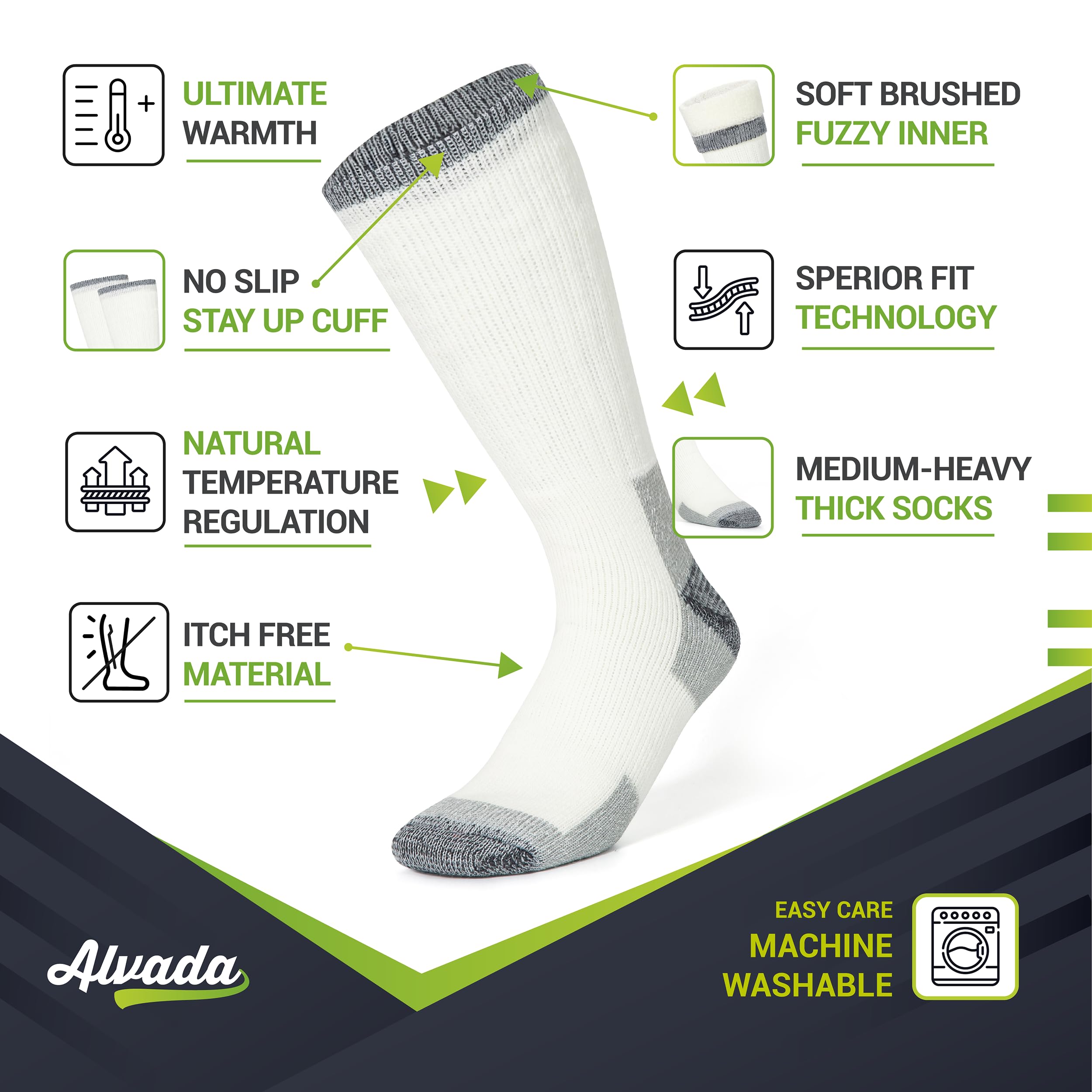 Alvada Merino Wool Hiking Socks Thermal Warm Crew Winter Boot Sock For Men & Women 3 Pairs