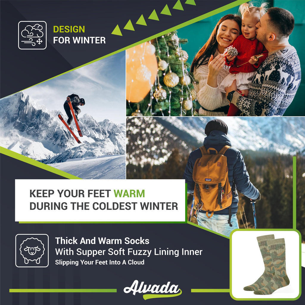 Alvada Merino Wool Hiking Socks Thermal Warm Crew Winter Boot Sock For Men & Women 3 Pairs